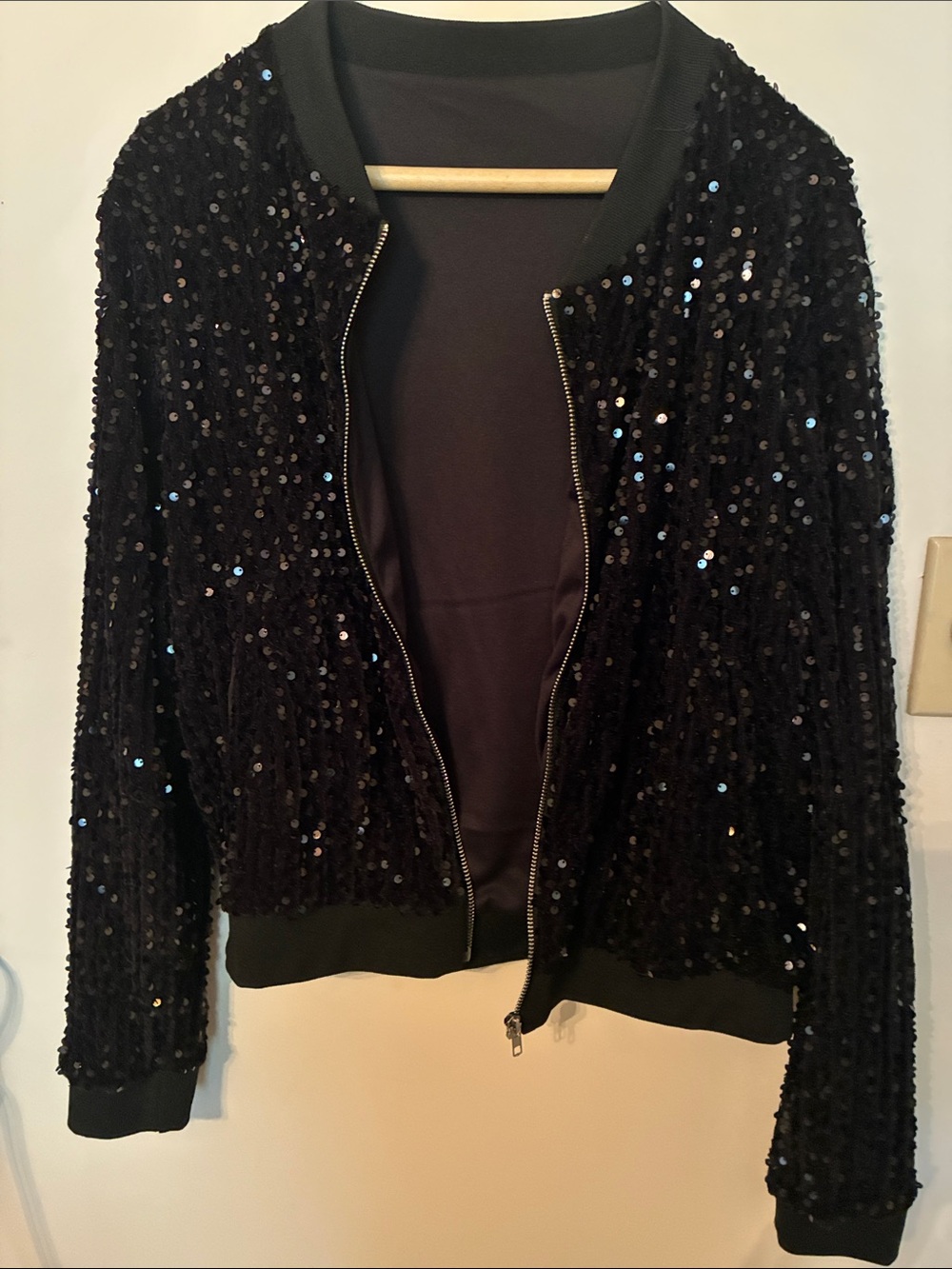 Women's Black Sequin Bomber Jacket - Elegant Evening Layer